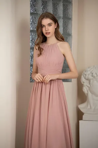 Vista 4 de Huaxiafan Vestidos de dama de honor sin mangas, tirantes delgados, plisados, vestido de noche formal, cuello halter, vestido de graduación