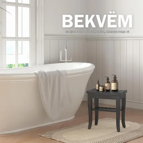 Vista 3 de Banco de ducha de bambú, taburete de ducha pequeño de spa para ducha interior, impermeable, asiento de baño con estante de almacenamiento para Negro