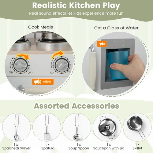 Vista 3 de Costzon Juego de cocina esquinera para niños, juego de cocina de madera 8 en 1 con microondas realista, horno, estufa, refrigerador, campana
