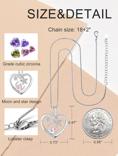 Vista 5 de PYNZY Moon and Star Pendant for Women, 925 Sterling Silver Heart Birthstones Necklaces for Jewelry Gifts