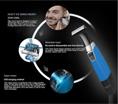 Vista 7 de KEMEI Maquinilla de afeitar eléctrica, recortadora de barba para hombres, peluquería corporal recargable por USB inalámbrico y removedor de vello