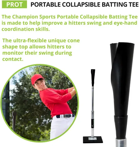 Vista 3 de Champion Sports Tallo de acero y aluminio con cono de goma Pro Baseball Tee de práctica ajustable con base de alta densidad
