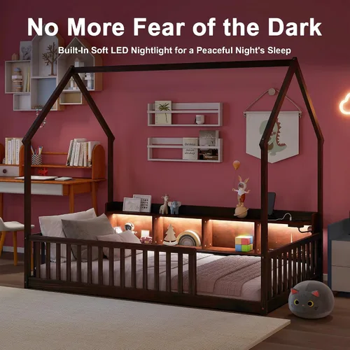 Vista 4 de Bellemave Twin House Floor Bed Frame,Espresso Solid wood montessori bed with storage shelves, built-in LED lights, charging station, no box spring