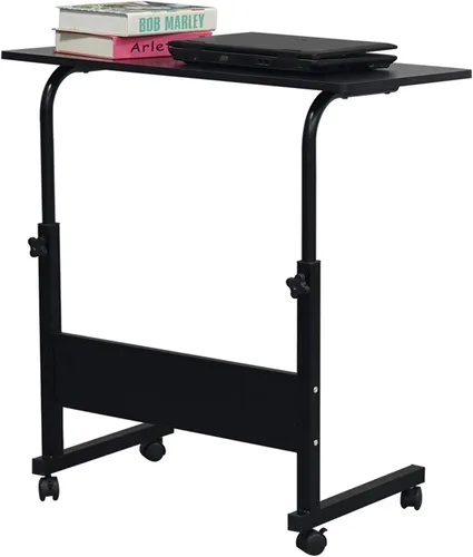 Vista 4 de Bandeja de TV de madera rodante, mesa ajustable para aperitivos con ruedas, escritorio portátil para computadora portátil junto al sofá, cama, mesa