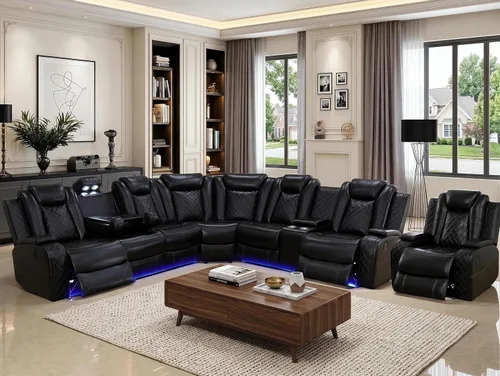 Vista 56 de Juego de sofá seccional reclinable de cuero, sofá seccional con 4 sillones reclinables Juegos de muebles de sala con 3 reclinables, luz LED