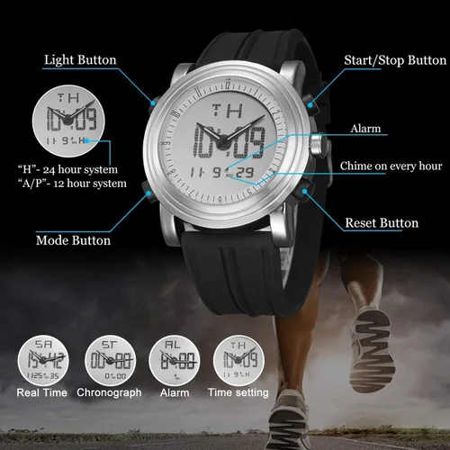 Vista 3 de BUREI - Reloj deportivo analógico digital con cronómetro, alarma, luz LED y correa de goma, para hombre
