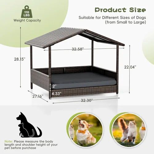 Vista 7 de WARCAT Casa de mimbre para perros, cama elevada para interiores y exteriores, para perros pequeños y medianos, con cojín extraíble, funda lavable