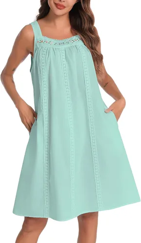 Vista 8 de YOZLY - Camisones de algodón sin mangas para mujer, camisón de tanque de noche con bolsillos A-Solid Blanco