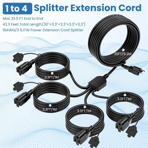 Vista 4 de YOTIGER Cable de extensión para exteriores de 1 a 4 divisores para luces de Navidad, máximo 33.3 pies de extremo a extremo (43 pies en total)