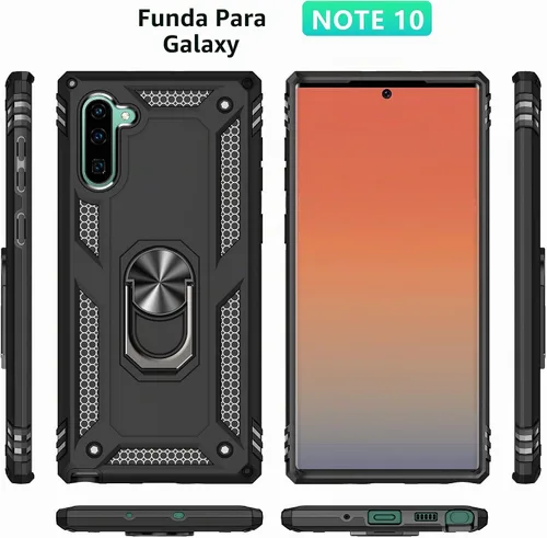 Vista 7 de Funda para Samsung Galaxy Note 10, Note10 con protectores de pantalla HD, soporte de anillo de metal de grado militar con soporte de anillo de Negro