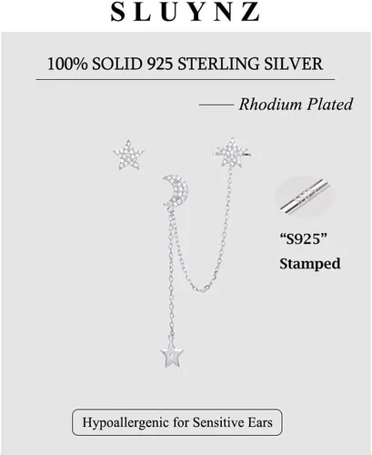Vista 9 de SLUYNZ - Aretes de plata esterlina 925 para mujer, asimétricos, aretes de estrella y luna, cadena con dije