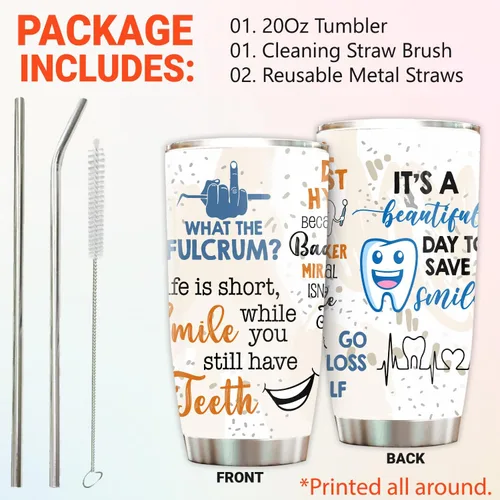 Vista 2 de Vaso de higienista dental – Tapa de popote de acero inoxidable de 20 onzas, divertido para mujeres y hombres, regalos de la semana nacional