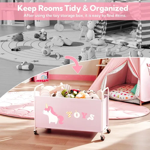 Vista 5 de GRANNY SAYS Caja de juguetes para niños y niñas, almacenamiento extra grande con ruedas, organizador de almacenamiento de juguetes de metal para Rosa