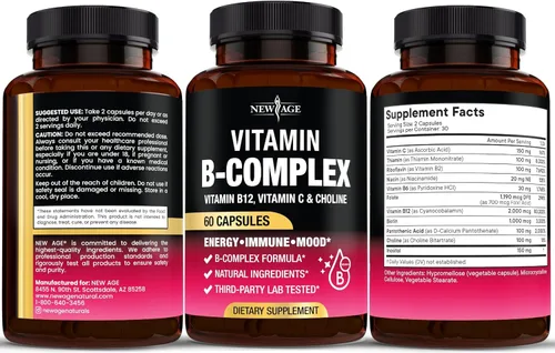 Vista 8 de Complejo de vitamina B para hombres y mujeres - Hecho en Estados Unidos - Complejo B: B1, B2, B3, B5, B6, B7, B8, B9, B12 con vitamina C, colina