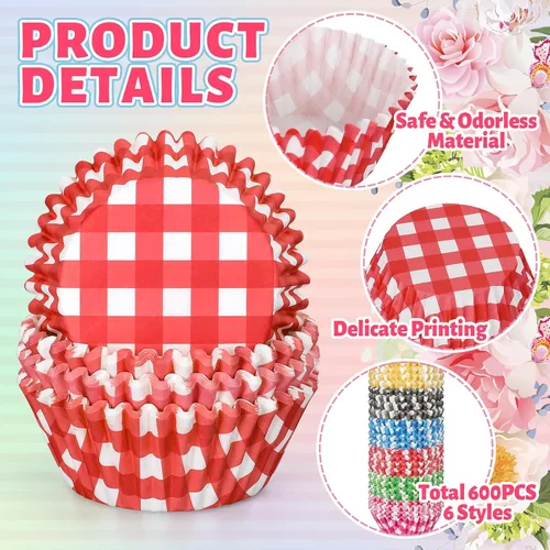 Vista 3 de Whaline 600 forros para cupcakes a cuadros de búfalo, coloridos envoltorios de cupcakes a cuadros para hornear muffins para baby shower, boda
