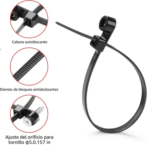 Vista 4 de 200 bridas negras de 4 pulgadas con agujero para tornillo, cabeza montable, correas de sujeción para cables de 50 libras, correas multiusos