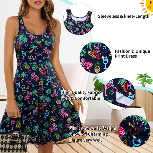 Vista 91 de uideazone - Vestido de mujer sin mangas cuello redondo de verano, para playa, casual, Midi línea A.