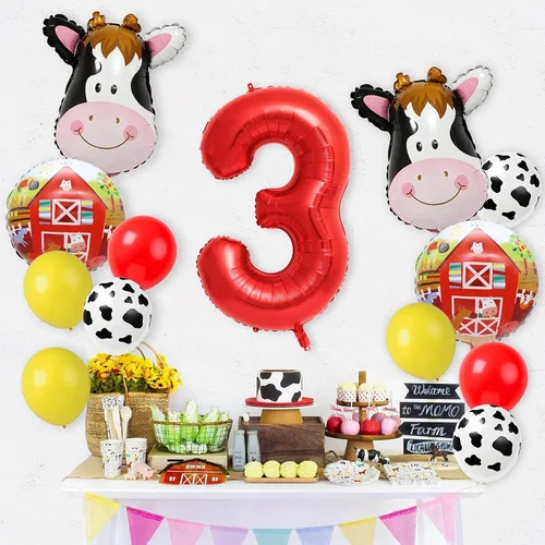 Vista 3 de Globos de vaca para decoración de fiesta de 3er cumpleaños de animales de granja, suministros de globos de granero con globo grande del número 3