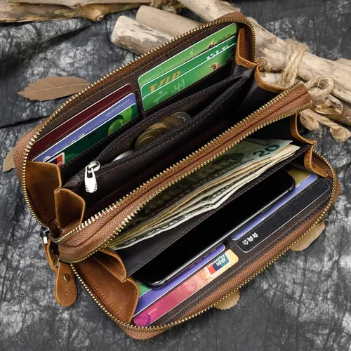 Vista 6 de LUUFAN Billetera larga de cuero genuino para hombre, cartera plegable grabada