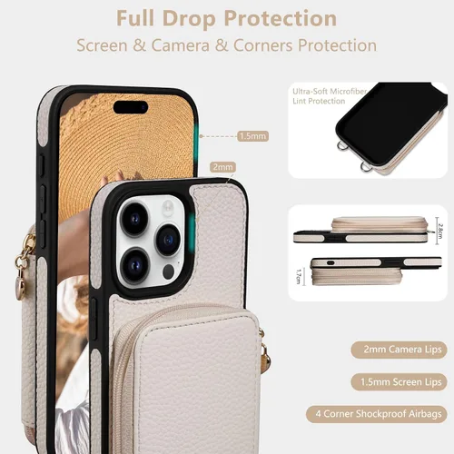 Vista 4 de Funda compatible con iPhone 15 Pro Max de 6.7 pulgadas, cremallera cruzada con ranuras para tarjetas de bloqueo RFID, soporte, cordón y correa