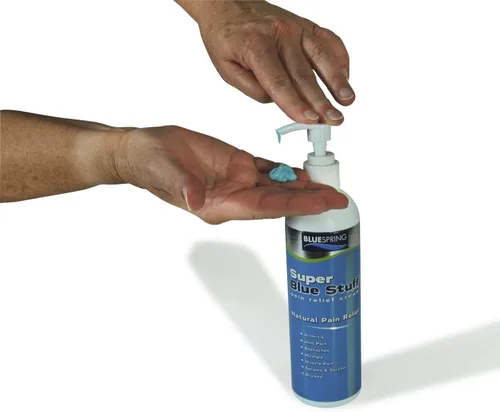 Vista 2 de Super Blue Stuff OTC Crema natural para aliviar el dolor, botella de 12 Natural, fabricado en Estados Unidos, sin parabenos, funciona en tan solo