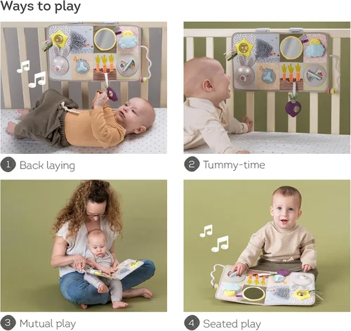 Vista 7 de Taf Toys Tablero de actividades para recién nacidos y niños pequeños con música y luces, 13 actividades Montessori, espejo seguro para bebés