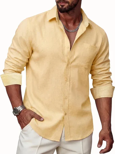 Vista 18 de Camisas de lino para hombre, casual, de manga larga, con botones, ajuste regular, cuello en contraste, con bolsillo
