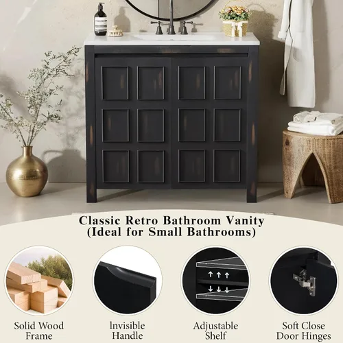 Vista 3 de LUMISOL Vanidad de baño de 36 pulgadas con fregadero de cerámica, armario de almacenamiento de baño de madera maciza con 2 puertas, tocador de baño