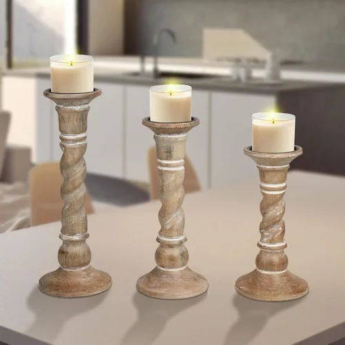 Vista 10 de Juego de 3 candelabros de pilar de madera de granja - Portavelas altos rústicos hechos a mano para decoración del hogar, centros de mesa, bodas