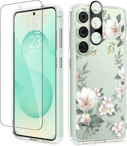 Vista 95 de GVIEWIN Funda protectora para Samsung Galaxy S25, transparente floral, delgada, a prueba de golpes, para mujer, no se pone amarilla, con protector