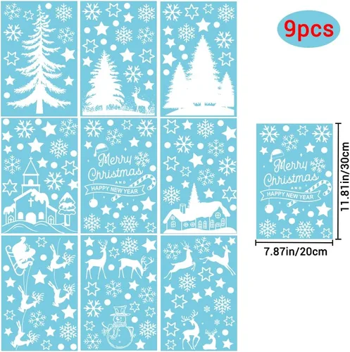 Vista 2 de GRACCEE - 9 hojas de calcomanías navideñas para ventana, diseño de árbol, muñeco de nieve, copos de nieve, renos para decoración de vidrio
