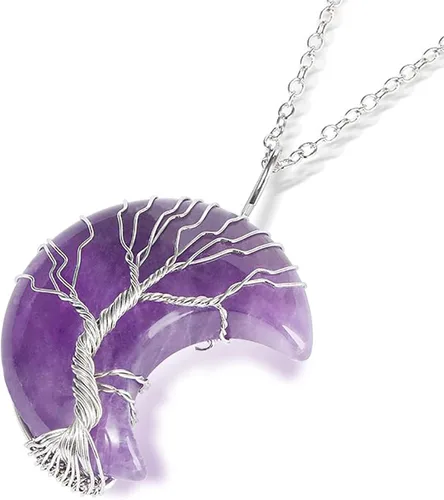Vista 2 de Jeulia Collar de piedra de cristal curativo colgante de luna creciente envuelto en alambre de árbol de la vida, piedra preciosa natural, cristal