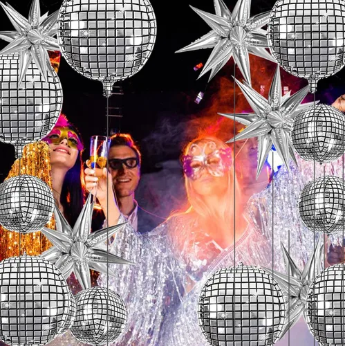 Vista 6 de 24 globos de bola de discoteca con 3 cortinas de flecos de aluminio, enormes globos de aluminio de estrella de explosión plateada para cumpleaños