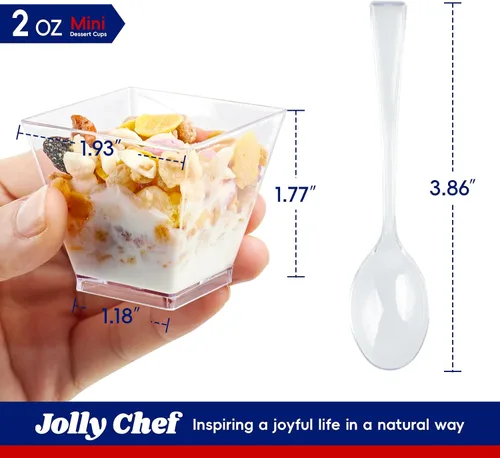 Vista 2 de JOLLY CHEF Paquete de 100 mini tazas cuadradas de postre de 2 onzas con cucharas, taza de plástico transparente para aperitivos de parfait, cuenco