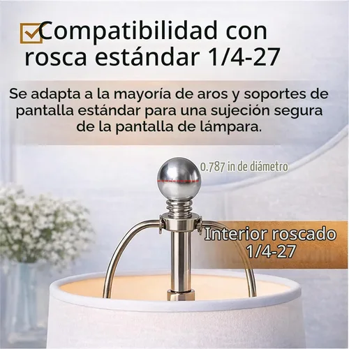 Vista 4 de Tapón de rosca para lámpara, paquete de 2 tapas de metal roscadas de 1/4-27, repuesto decorativo para lámparas de mesa y pie