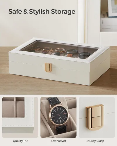 Vista 3 de SONGMICS Caja de reloj, caja de reloj de 12 ranuras con tapa de vidrio grande, almohadas extraíbles para reloj, organizador de caja de reloj, regalo