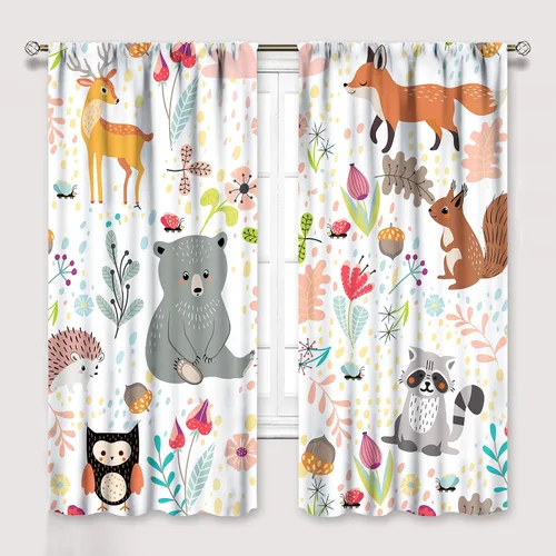 Vista 21 de YCness Cortinas para niños y niñas, diseño de animales de la selva, bosque de otoño, dibujos animados, ciervos, conejos, zorros, búhos, cortinas