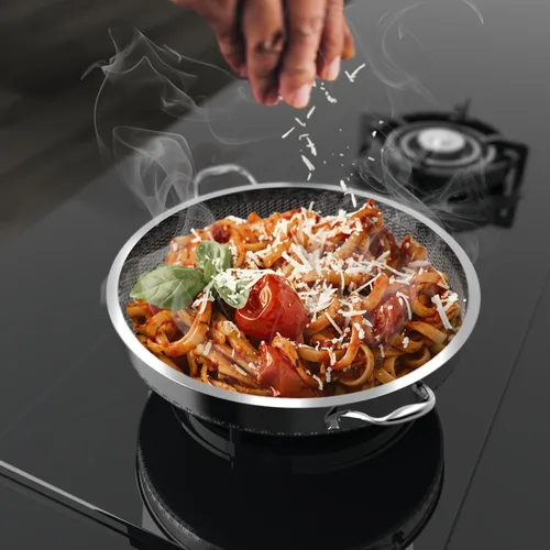 Vista 4 de Sartén Salteadora de Acero Inoxidable 316L de 5QT Wok Hexagonal Antiadherente con Tapa, Dos Asas para Sostener, Libre de PFOA, Apto