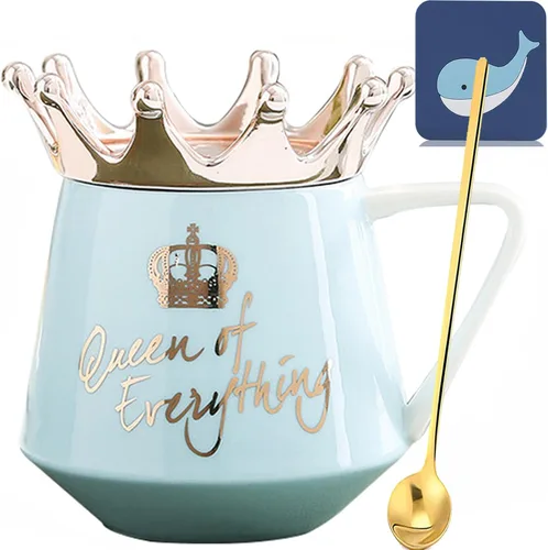 Vista 13 de Arawat Queen of Everything - Taza con tapa, taza negra dulce con corona de café, taza de 12 onzas, regalo con cuchara y posavasos, taza de té