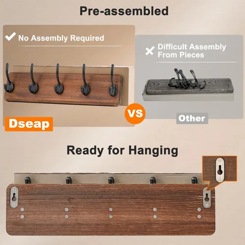 Vista 3 de Dseap Perchero de Pared: Moderno, Patentado, Resistente, 17.4" de Largo, Riel Colgador de Madera con 5 Ganchos Dobles para Abrigos de Invierno, Negro