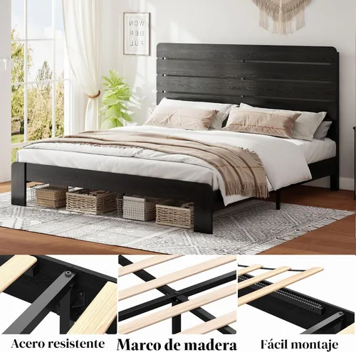 Vista 4 de Marco de cama de madera tamaño King con cabecera, base de cama de plataforma estilo granja rústica con soporte de listones de madera, resistente