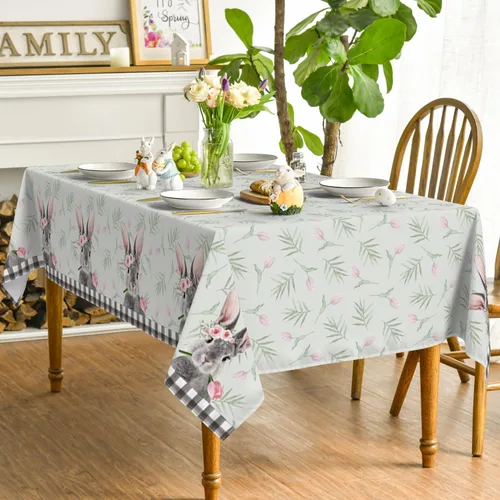 Vista 4 de Horaldaily Mantel de Pascua rectangular de 52 x 70 pulgadas, diseño de flores, conejo, búfalo, a cuadros, lavable, para fiesta, picnic, decoración