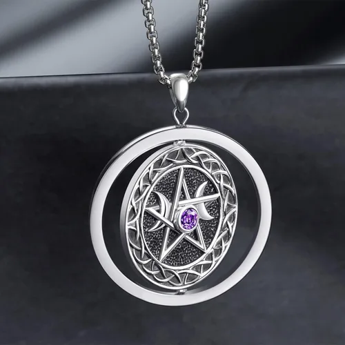 Vista 5 de Collar de diosa de triple luna de plata de ley 925 nudo celta pentagrama pentagrama colgante de pentáculo agano wiccano magia giratorio amuleto