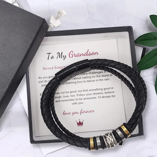 Vista 25 de Pulsera de cuero trenzado con texto en inglés «Love You Forever» para hombres y niños, pulsera inspiradora de acero inoxidable, pulsera de cuero