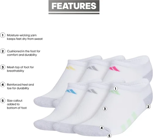 Vista 2 de adidas Calcetines deportivos acolchados invisibles (6 pares) para niños, niños y niñas, duraderos, transpirables y de bajo perfil
