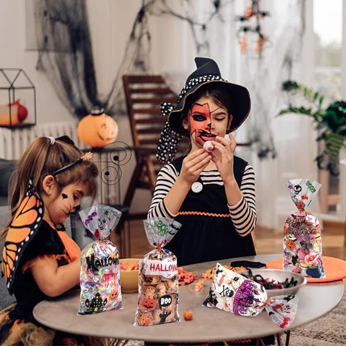 Vista 8 de JMANNI Bolsas de Celofán para Dulces de Halloween, 120 piezas Bolsas de Plástico Transparente para Halloween, Bolsas de Dulces con Murciélagos