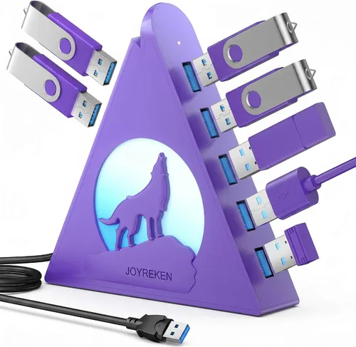 Vista 10 de Hub USB 3.0 de 7 puertos, divisor de USB vertical con iluminación RGB, transferencia de datos de alta velocidad de 5 Gbps y cable de extensión de 2