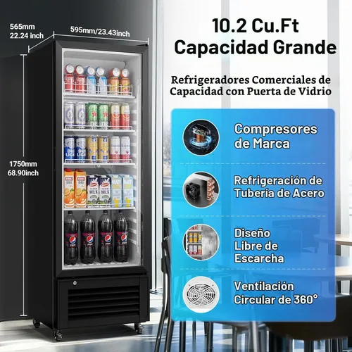 Vista 3 de BODEGACOOLER Refrigerador Comercial de Bebidas, Refrigerador de Exhibición de 290L con Luz LED Suave, 264 Latas y 120 Botellas Refrigerador