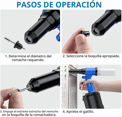 Vista 6 de AUTOUTLET Kit de pistola de remache neumática, remachadora resistente, 4 tamaños, herramienta de remachado hidráulico de aire para campos