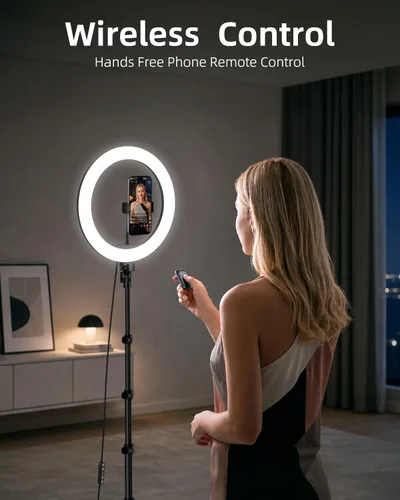 Vista 3 de TODI Anillo de luz de 12 pulgadas con soporte de trípode extensible de 63 pulgadas, anillo de luz para selfie con soporte para teléfono y control